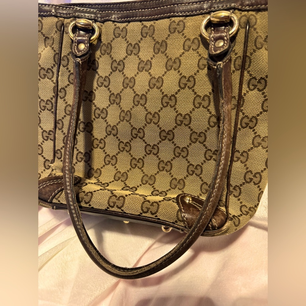 Gucci Tote GG Supreme Canvas Tote Vintage Small Monogram Brown Leather Trim COA - Picture 7 of 11